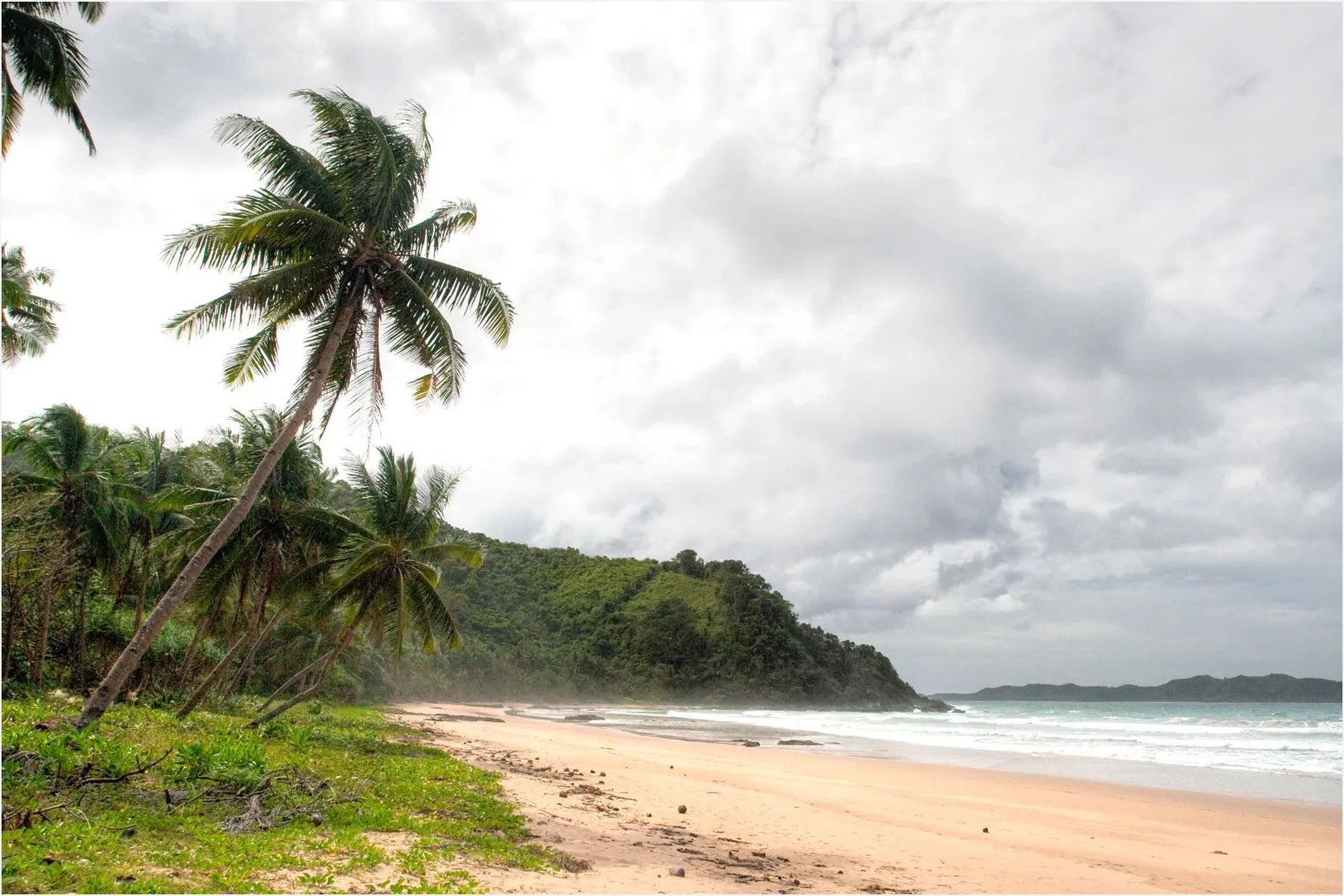 Empty beach with leaning coconut palms under a heavy overcast sky at Duli Beach, El Nido