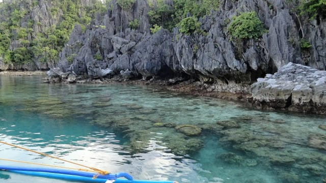 Jagged limestone shoreline over a shallow reef in El Nido, Palawan