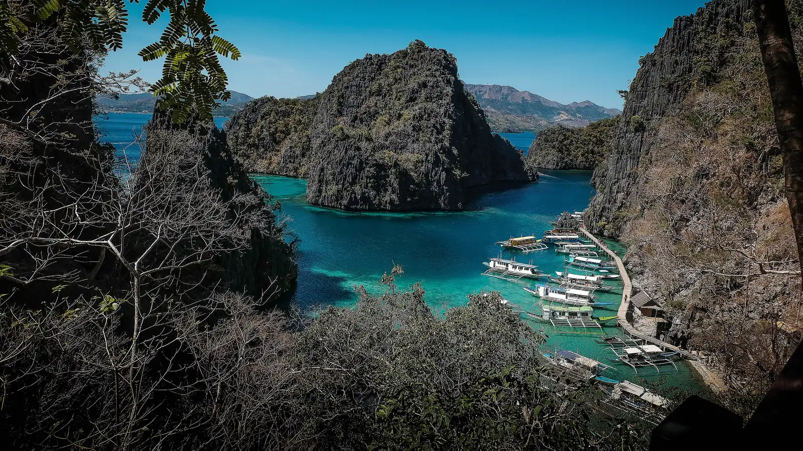 Kayangan Lake viewpoint on Coron Island, looking over a turquoise cove, limestone islets and moored tour boats