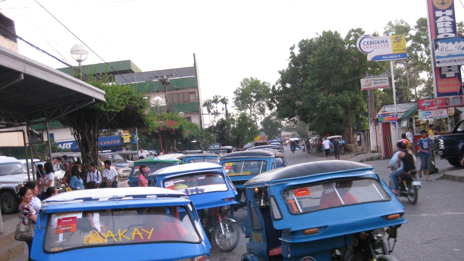 Rows of blue tricycles waiting for passengers on a Puerto Princesa street